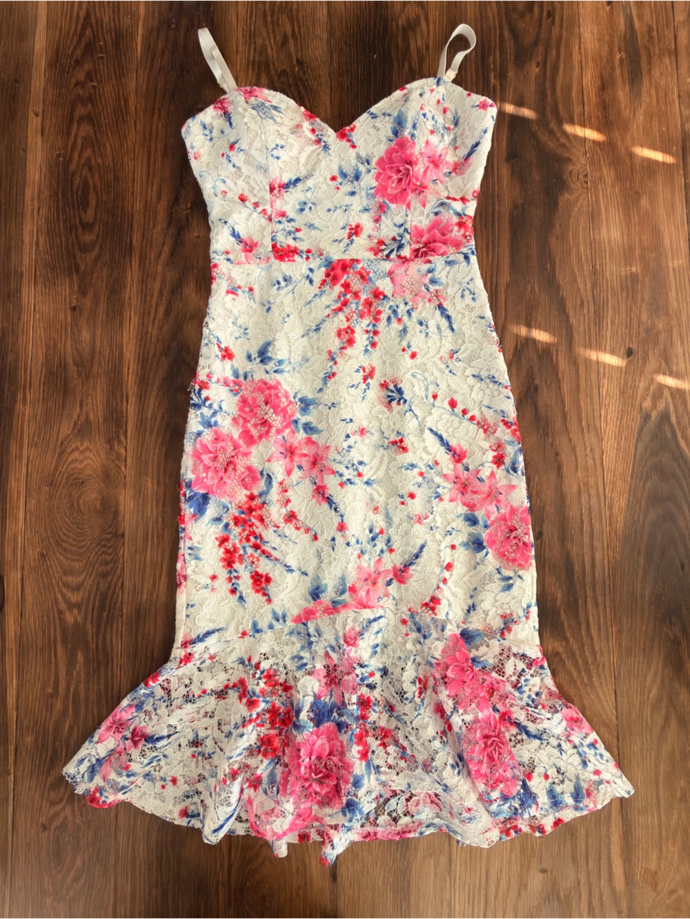 Guess White Lace Midi Dress with Pink and Blue Floral Print